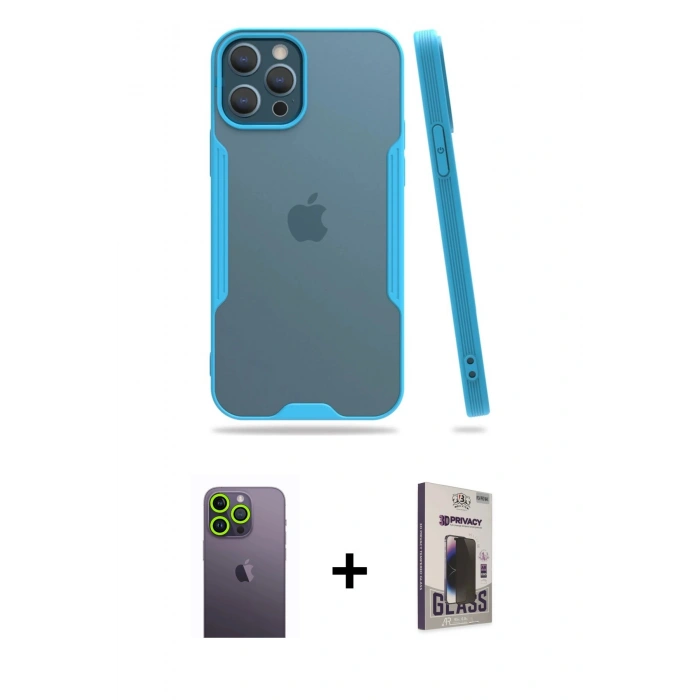 MARSİLYAN™- iPhone 12 Pro Max Kılıf Atlas Asil Serisi - Siyah Bilvis Hayalet Cam Ekran Koruyucu + Neon Fosforlu Kamera Lens - YL