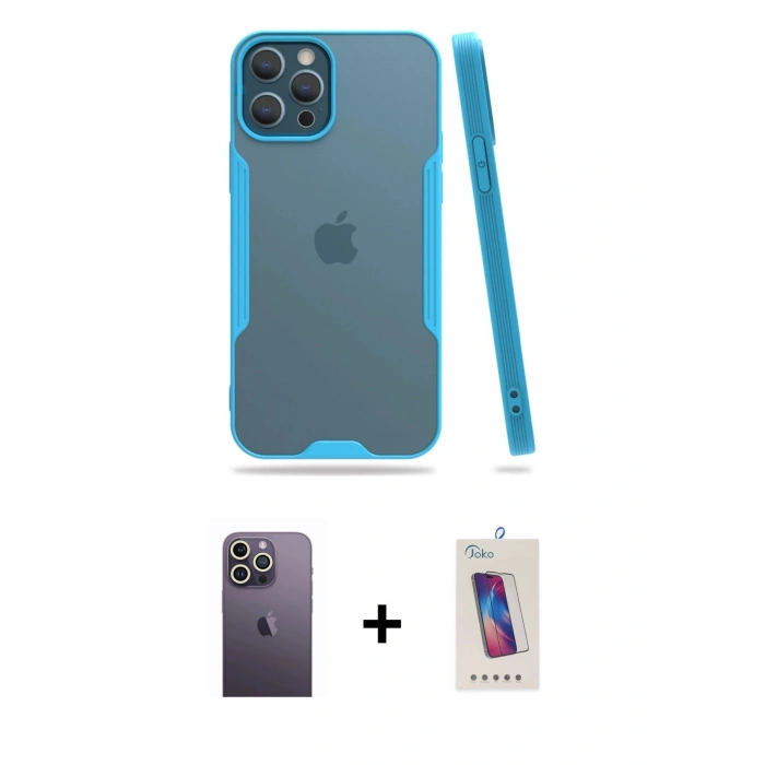 MARSİLYAN™- iPhone 12 Pro Max Kılıf Atlas Asil Serisi - Siyah Joko 5D Cam + Neon Fosforlu Kamera Lens - BZ