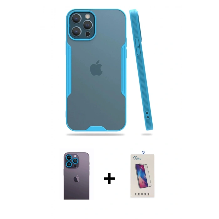 MARSİLYAN™- iPhone 12 Pro Max Kılıf Atlas Asil Serisi - Siyah Joko 5D Cam + Neon Fosforlu Kamera Lens - MI