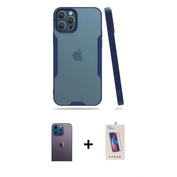 MARSİLYAN™- iPhone 12 Pro Max Kılıf Atlas Asil Serisi - Siyah Joko 5D Cam + Neon Fosforlu Kamera Lens - MI