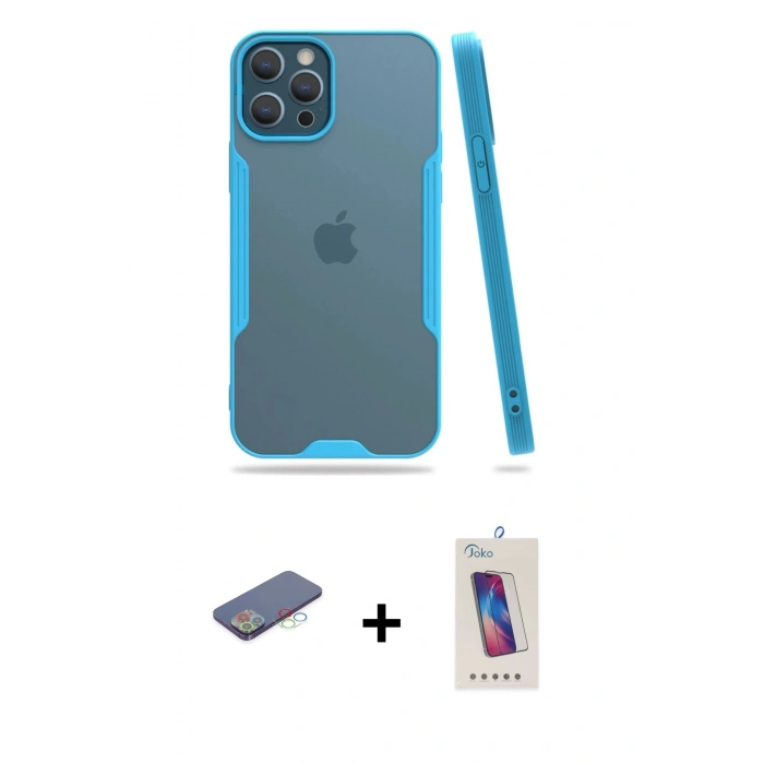 MARSİLYAN™- iPhone 12 Pro Max Kılıf Atlas Asil Serisi - Siyah Joko 5D Cam + Renkli Kamera Lens Koruma Cam - MI