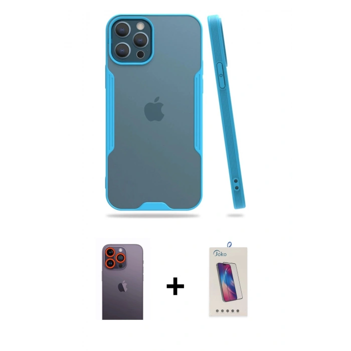 MARSİLYAN™- iPhone 12 Pro Max Kılıf Atlas Asil Serisi - Siyah Joko 5D Cam + Neon Fosforlu Kamera Lens - TU