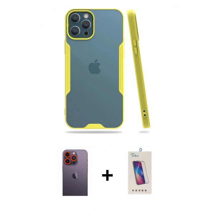 MARSİLYAN™- iPhone 12 Pro Max Kılıf Atlas Asil Serisi - Siyah Joko 5D Cam + Neon Fosforlu Kamera Lens - TU