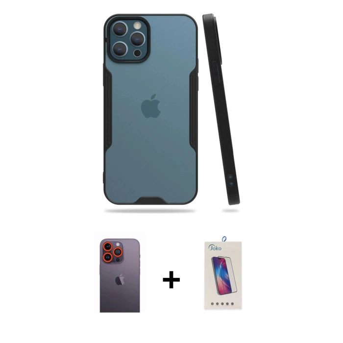 MARSİLYAN™- iPhone 12 Pro Max Kılıf Atlas Asil Serisi - Siyah Joko 5D Cam + Neon Fosforlu Kamera Lens - TU