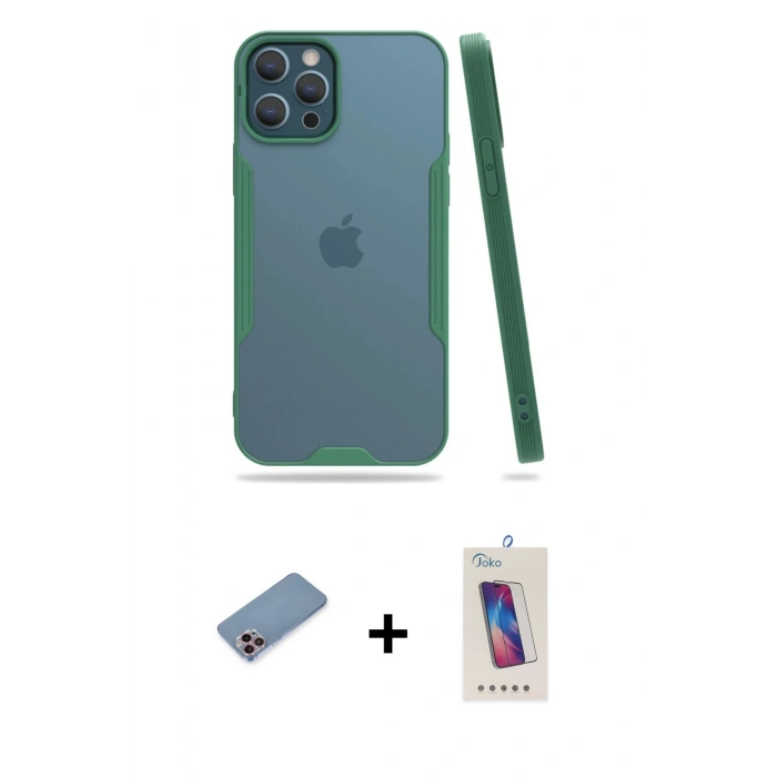 MARSİLYAN™- iPhone 12 Pro Max Kılıf Atlas Asil Serisi - Siyah Joko 5D Cam + Shine Kamera Lens Koruma Cam - PE