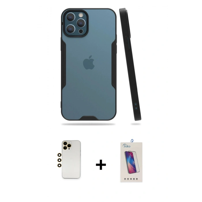 MARSİLYAN™- iPhone 12 Pro Max Kılıf Atlas Asil Serisi - Siyah Joko 5D Cam + Shine Kamera Lens - GD