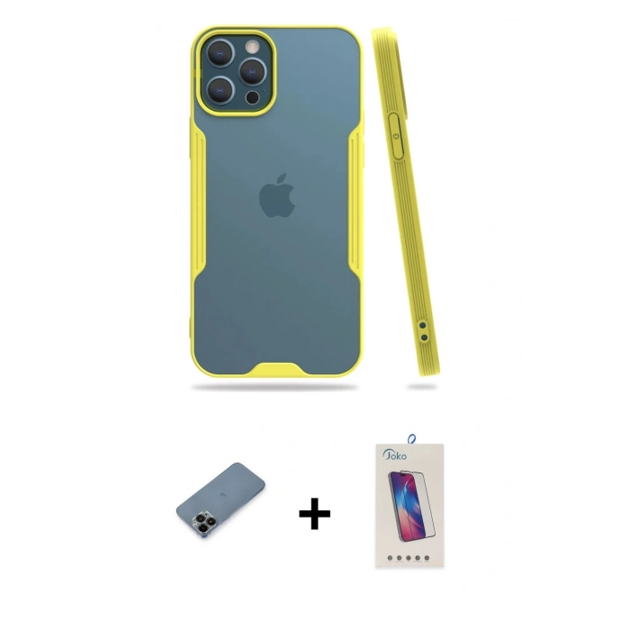 MARSİLYAN™- iPhone 12 Pro Max Kılıf Atlas Asil Serisi - Siyah Joko 5D Cam + Shine Kamera Lens Koruma Cam - SH