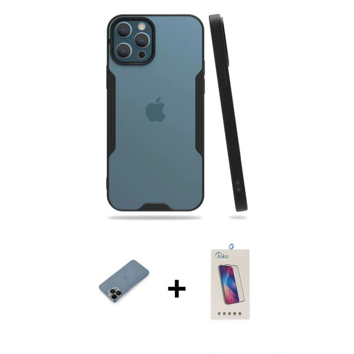 MARSİLYAN™- iPhone 12 Pro Max Kılıf Atlas Asil Serisi - Siyah Joko 5D Cam + Shine Kamera Lens Koruma Cam - SH