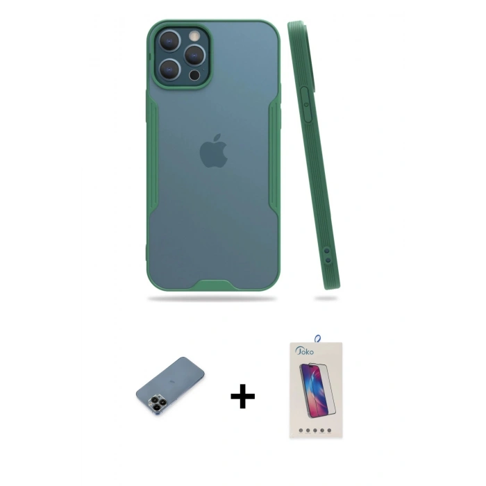 MARSİLYAN™- iPhone 12 Pro Max Kılıf Atlas Asil Serisi - Siyah Joko 5D Cam + Shine Kamera Lens Koruma Cam - SH