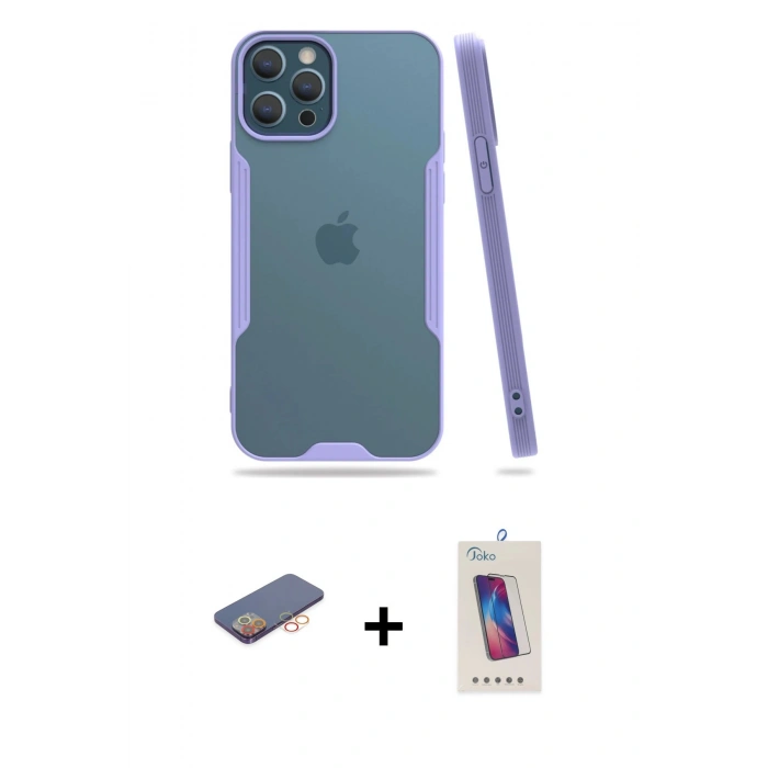 MARSİLYAN™- iPhone 12 Pro Max Kılıf Atlas Asil Serisi - Siyah Joko 5D Cam + Renkli Kamera Lens Koruma Cam - TU