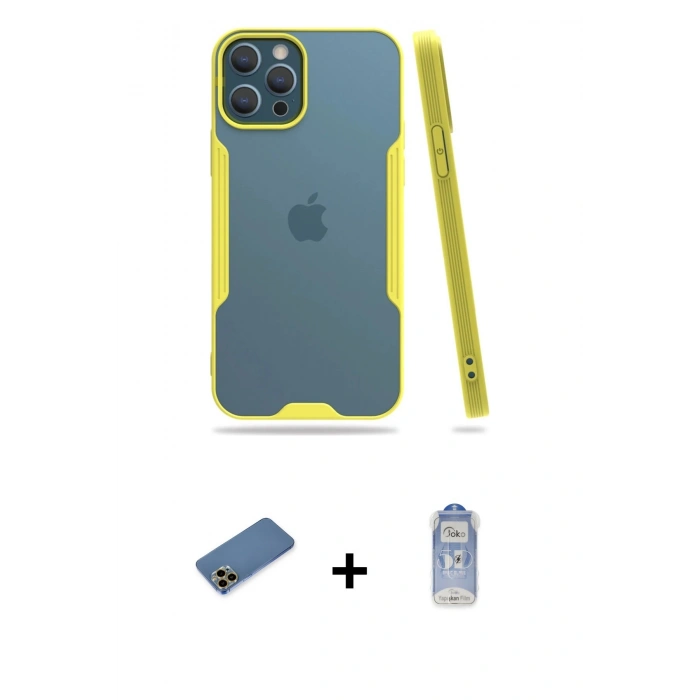 MARSİLYAN™- iPhone 12 Pro Max Kılıf Atlas Asil Serisi - Siyah Joko Magic 5D Cam + Gold Shine Kamera Lens Koruma Cam