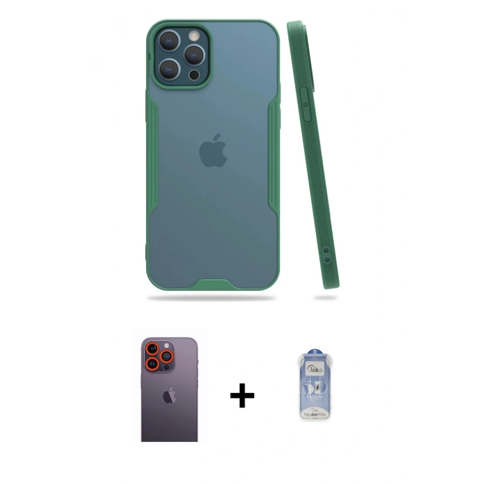 MARSİLYAN™- iPhone 12 Pro Max Kılıf Atlas Asil Serisi - Siyah Joko Magic 5D Cam + Neon Fosforlu Kamera Lens - TU