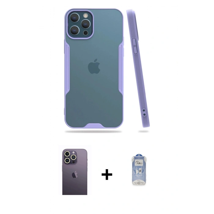 MARSİLYAN™- iPhone 12 Pro Max Kılıf Atlas Asil Serisi - Siyah Joko Magic 5D Cam + Neon Fosforlu Kamera Lens - BZ