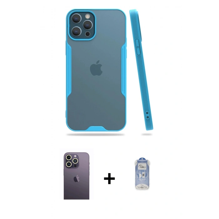 MARSİLYAN™- iPhone 12 Pro Max Kılıf Atlas Asil Serisi - Siyah Joko Magic 5D Cam + Neon Fosforlu Kamera Lens - BZ