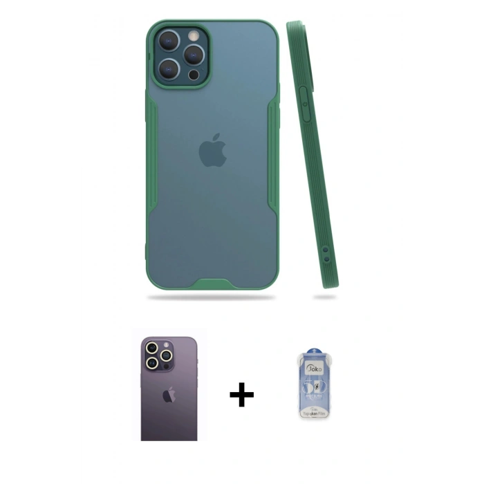 MARSİLYAN™- iPhone 12 Pro Max Kılıf Atlas Asil Serisi - Siyah Joko Magic 5D Cam + Neon Fosforlu Kamera Lens - BZ