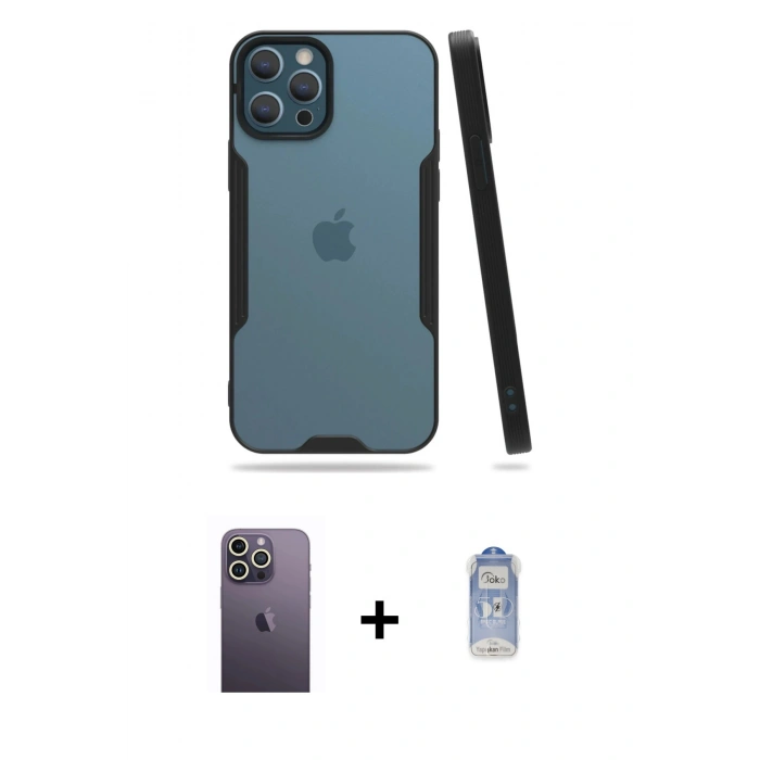 MARSİLYAN™- iPhone 12 Pro Max Kılıf Atlas Asil Serisi - Siyah Joko Magic 5D Cam + Neon Fosforlu Kamera Lens - BZ