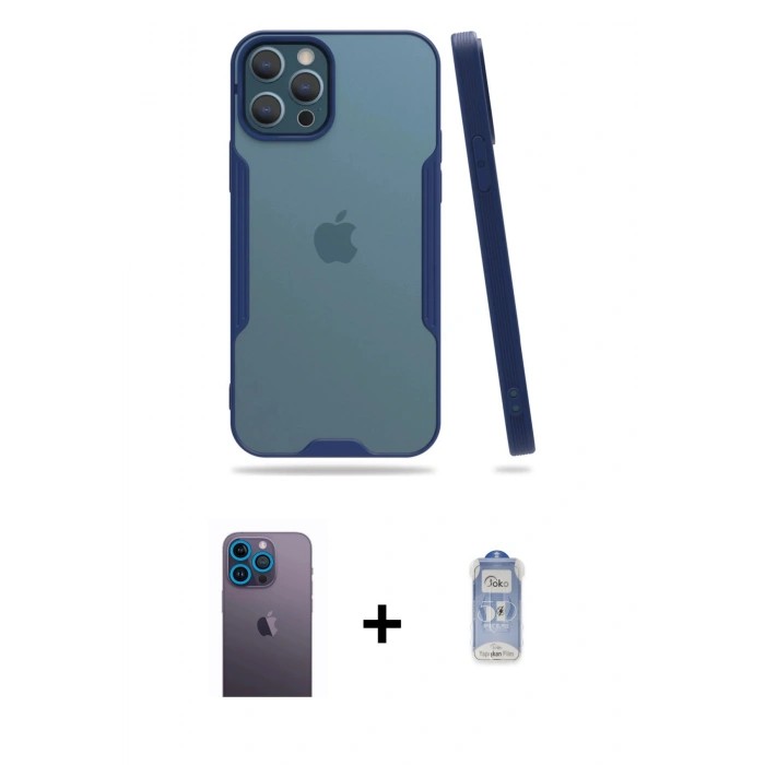 MARSİLYAN™- iPhone 12 Pro Max Kılıf Atlas Asil Serisi - Siyah Joko Magic 5D Cam + Neon Fosforlu Kamera Lens - MI