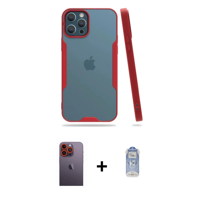 MARSİLYAN™- iPhone 12 Pro Max Kılıf Atlas Asil Serisi - Siyah Joko Magic 5D Cam + Neon Fosforlu Kamera Lens - TU