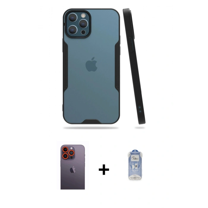MARSİLYAN™- iPhone 12 Pro Max Kılıf Atlas Asil Serisi - Siyah Joko Magic 5D Cam + Neon Fosforlu Kamera Lens - TU