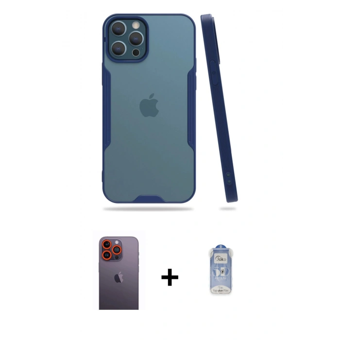 MARSİLYAN™- iPhone 12 Pro Max Kılıf Atlas Asil Serisi - Siyah Joko Magic 5D Cam + Neon Fosforlu Kamera Lens - TU
