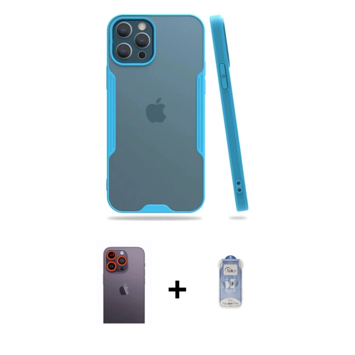 MARSİLYAN™- iPhone 12 Pro Max Kılıf Atlas Asil Serisi - Siyah Joko Magic 5D Cam + Neon Fosforlu Kamera Lens - TU