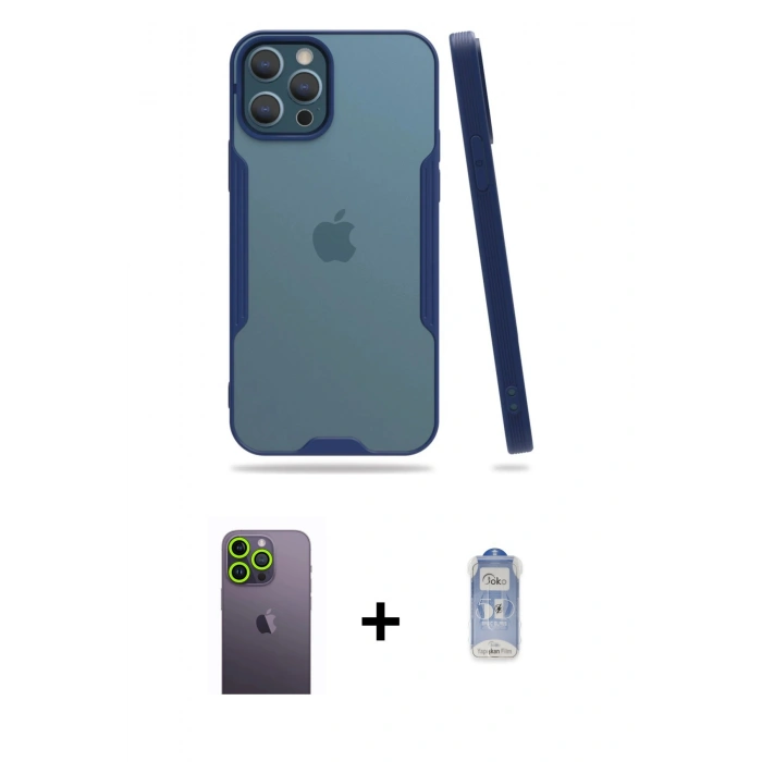 MARSİLYAN™- iPhone 12 Pro Max Kılıf Atlas Asil Serisi - Siyah Joko Magic 5D Cam + Yeşil Neon Fosforlu Kamera Lens