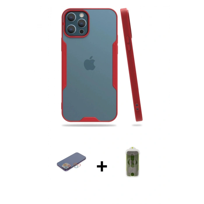 MARSİLYAN™- iPhone 12 Pro Max Kılıf Atlas Asil Serisi - Siyah Joko Magic 5D Hayalet Cam + Pembe Renkli Kamera Lens Koruma Cam