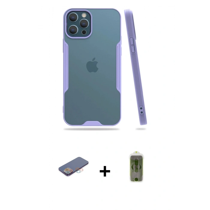 MARSİLYAN™- iPhone 12 Pro Max Kılıf Atlas Asil Serisi - Siyah Joko Magic 5D Hayalet Cam + Pembe Renkli Kamera Lens Koruma Cam