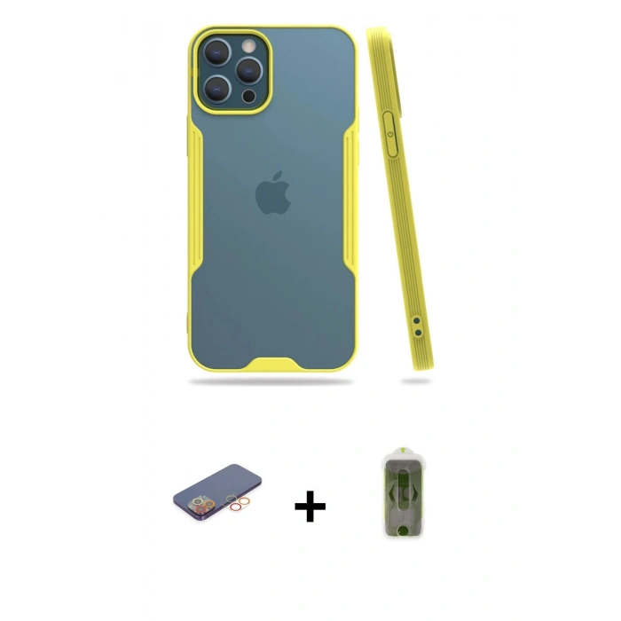 MARSİLYAN™- iPhone 12 Pro Max Kılıf Atlas Asil Serisi - Siyah Joko Magic 5D Hayalet Cam + Renkli Kamera Lens Koruma Cam - TU