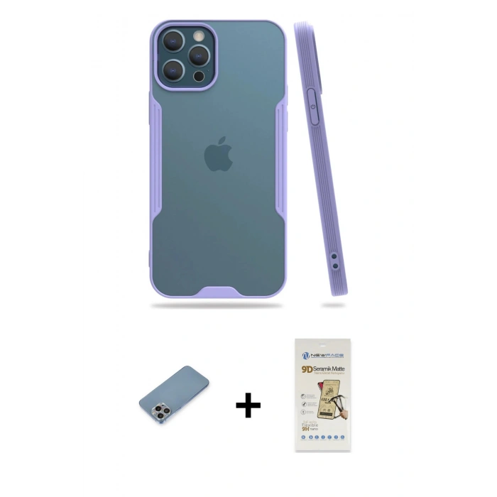 MARSİLYAN™- iPhone 12 Pro Max Kılıf Atlas Asil Serisi - Siyah Mat Seramik Nano Ekran Koruyucu + Shine Kamera Lens Koruma Cam - GI