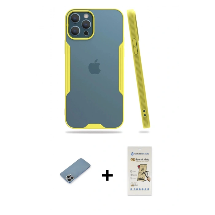 MARSİLYAN™- iPhone 12 Pro Max Kılıf Atlas Asil Serisi - Siyah Mat Seramik Nano Ekran Koruyucu + Shine Kamera Lens Koruma Cam - GI
