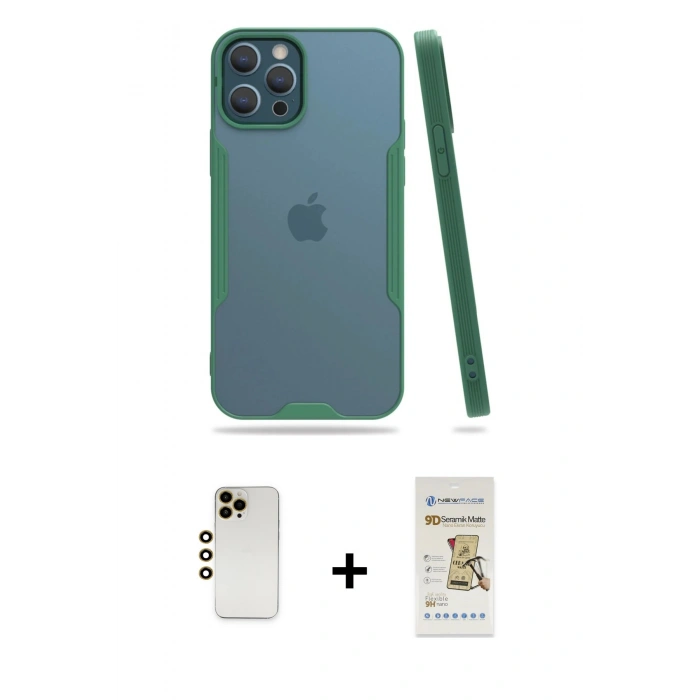 MARSİLYAN™- iPhone 12 Pro Max Kılıf Atlas Asil Serisi - Siyah Mat Seramik Nano Ekran Koruyucu + Shine Kamera Lens - GD