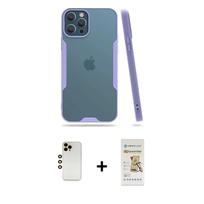 MARSİLYAN™- iPhone 12 Pro Max Kılıf Atlas Asil Serisi - Siyah Mat Seramik Nano Ekran Koruyucu + Shine Kamera Lens - GD