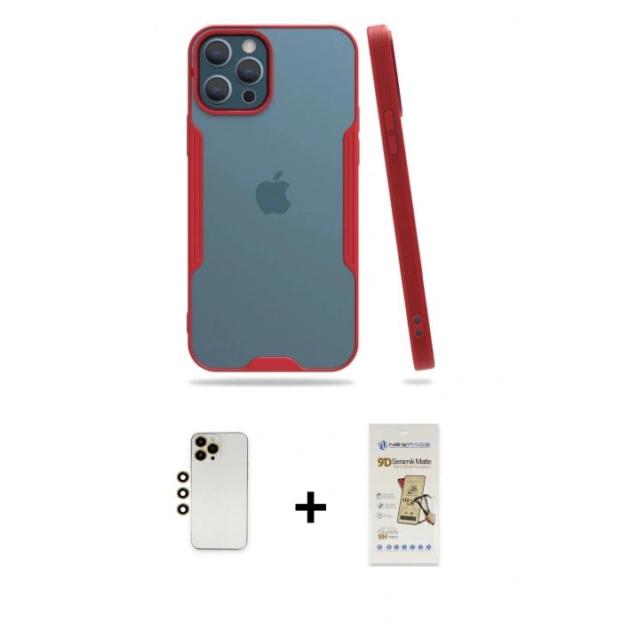 MARSİLYAN™- iPhone 12 Pro Max Kılıf Atlas Asil Serisi - Siyah Mat Seramik Nano Ekran Koruyucu + Shine Kamera Lens - GD