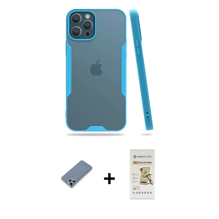 MARSİLYAN™- iPhone 12 Pro Max Kılıf Atlas Asil Serisi - Siyah Mat Seramik Nano Ekran Koruyucu + Gümüş Metal Kamera Lens Koruma Cam