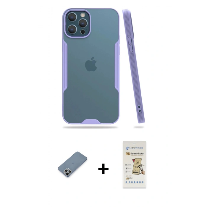 MARSİLYAN™- iPhone 12 Pro Max Kılıf Atlas Asil Serisi - Siyah Mat Seramik Nano Ekran Koruyucu + Gümüş Metal Kamera Lens Koruma Cam