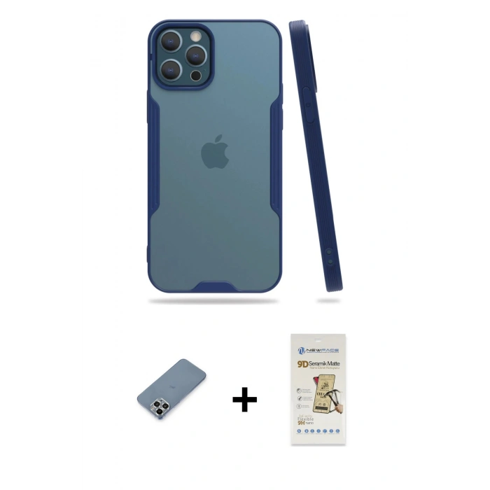 MARSİLYAN™- iPhone 12 Pro Max Kılıf Atlas Asil Serisi - Siyah Mat Seramik Nano Ekran Koruyucu + Gümüş Metal Kamera Lens Koruma Cam