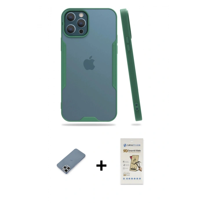 MARSİLYAN™- iPhone 12 Pro Max Kılıf Atlas Asil Serisi - Siyah Mat Seramik Nano Ekran Koruyucu + Gümüş Metal Kamera Lens Koruma Cam