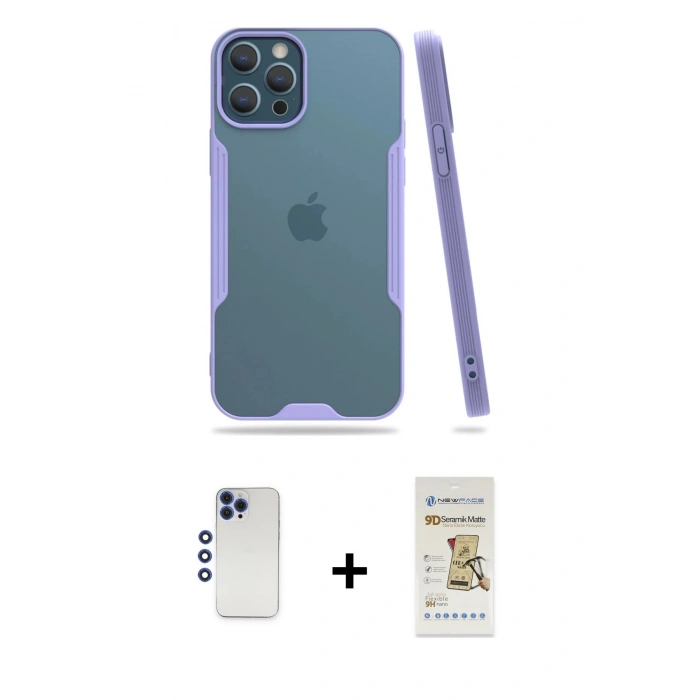 MARSİLYAN™- iPhone 12 Pro Max Kılıf Atlas Asil Serisi - Siyah Mat Seramik Nano Ekran Koruyucu + Shine Kamera Lens - LT