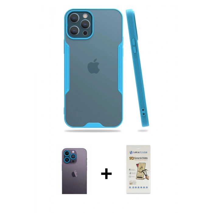 MARSİLYAN™- iPhone 12 Pro Max Kılıf Atlas Asil Serisi - Siyah Mat Seramik Nano Ekran Koruyucu + Neon Fosforlu Kamera Lens - MI