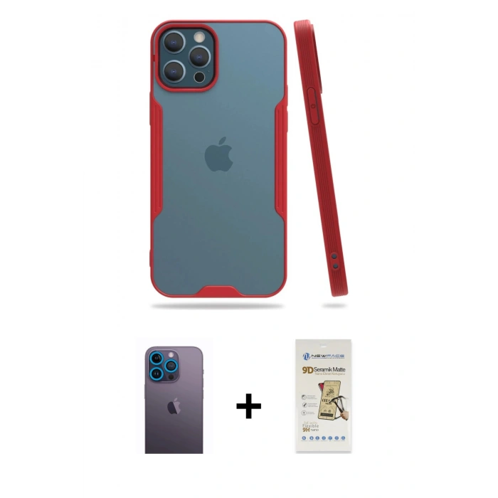 MARSİLYAN™- iPhone 12 Pro Max Kılıf Atlas Asil Serisi - Siyah Mat Seramik Nano Ekran Koruyucu + Neon Fosforlu Kamera Lens - MI