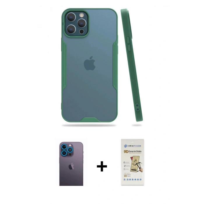 MARSİLYAN™- iPhone 12 Pro Max Kılıf Atlas Asil Serisi - Siyah Mat Seramik Nano Ekran Koruyucu + Neon Fosforlu Kamera Lens - MI