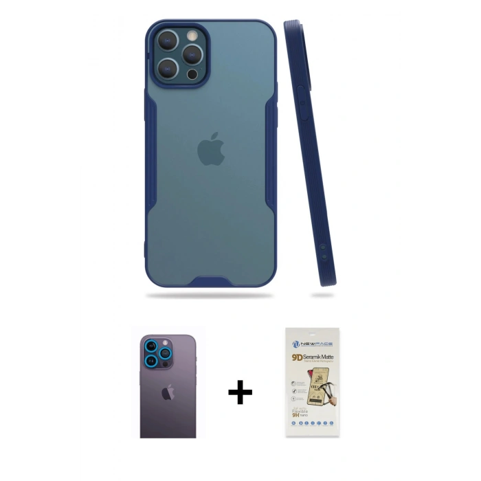 MARSİLYAN™- iPhone 12 Pro Max Kılıf Atlas Asil Serisi - Siyah Mat Seramik Nano Ekran Koruyucu + Neon Fosforlu Kamera Lens - MI