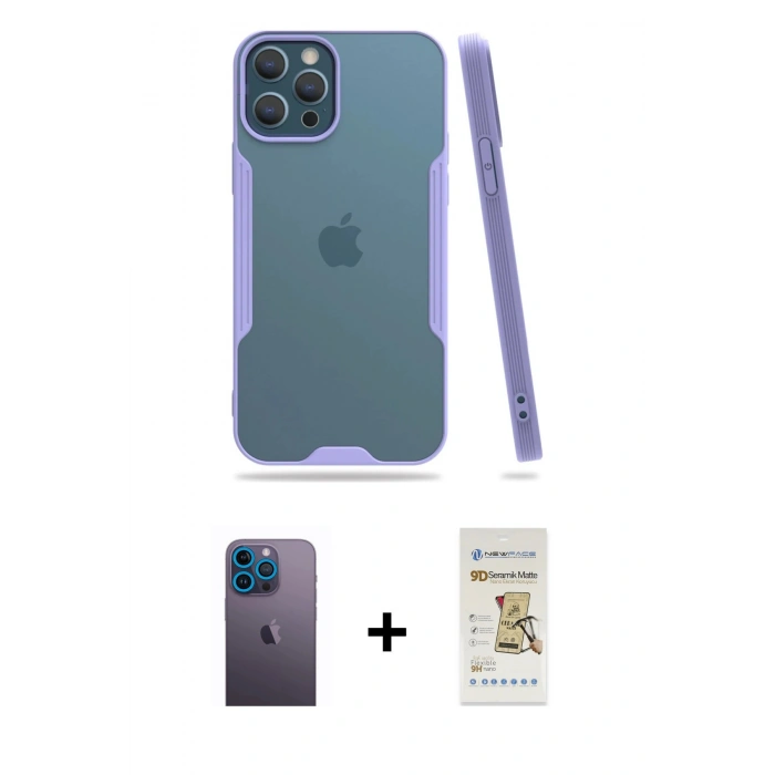 MARSİLYAN™- iPhone 12 Pro Max Kılıf Atlas Asil Serisi - Siyah Mat Seramik Nano Ekran Koruyucu + Neon Fosforlu Kamera Lens - MI