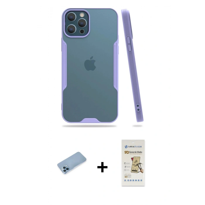 MARSİLYAN™- iPhone 12 Pro Max Kılıf Atlas Asil Serisi - Siyah Mat Seramik Nano Ekran Koruyucu + Mavi Shine Kamera Lens Koruma Cam