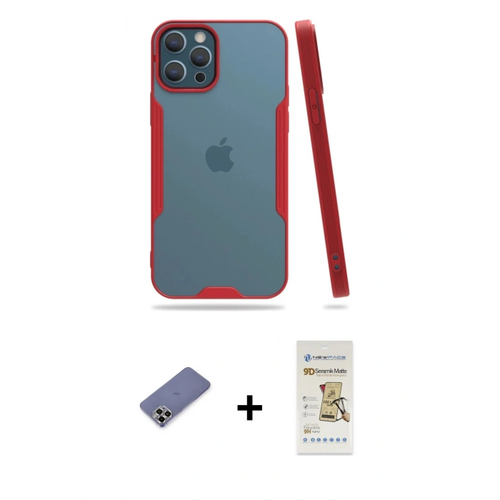 MARSİLYAN™- iPhone 12 Pro Max Kılıf Atlas Asil Serisi - Siyah Mat Seramik Nano Ekran Koruyucu + Metal Kamera Lens Koruma Cam - GD