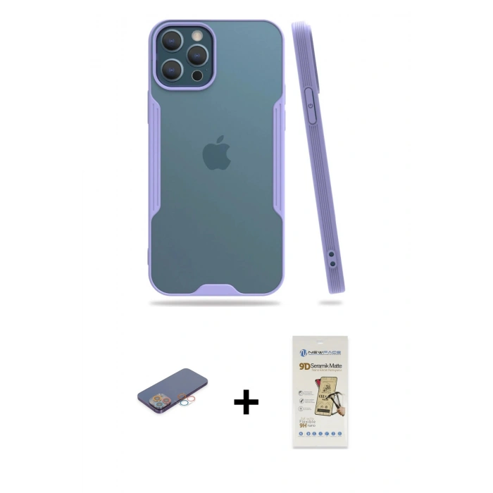 MARSİLYAN™- iPhone 12 Pro Max Kılıf Atlas Asil Serisi - Siyah Mat Seramik Nano Ekran Koruyucu + Renkli Kamera Lens Koruma Cam - PE