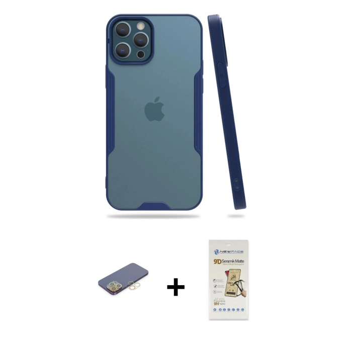 MARSİLYAN™- iPhone 12 Pro Max Kılıf Atlas Asil Serisi - Siyah Mat Seramik Nano Ekran Koruyucu + Renkli Kamera Lens Koruma Cam - SI