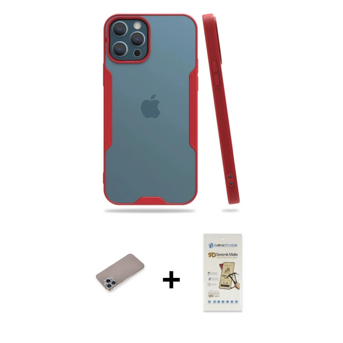 MARSİLYAN™- iPhone 12 Pro Max Kılıf Atlas Asil Serisi - Siyah Mat Seramik Nano Ekran Koruyucu + Sierra Blue Shine Kamera Lens Koruma Cam