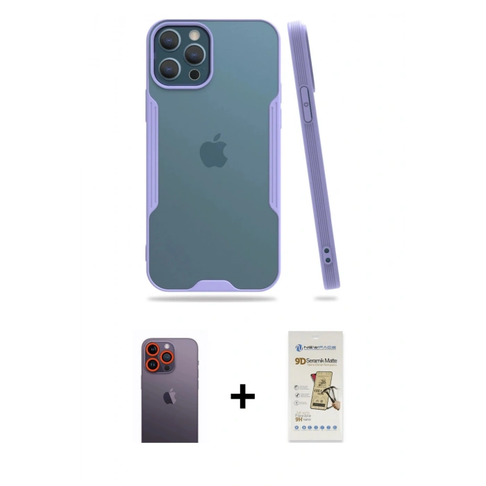 MARSİLYAN™- iPhone 12 Pro Max Kılıf Atlas Asil Serisi - Siyah Mat Seramik Nano Ekran Koruyucu + Neon Fosforlu Kamera Lens - TU